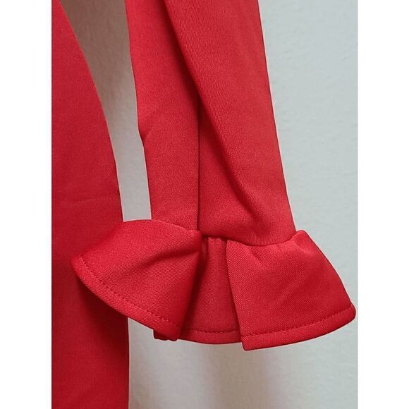 ❤️ Long Ruffle Sleeve Front Slit Bodycon Boat Neck Party Midi Red Dress M NEW - Picture 11 of 17